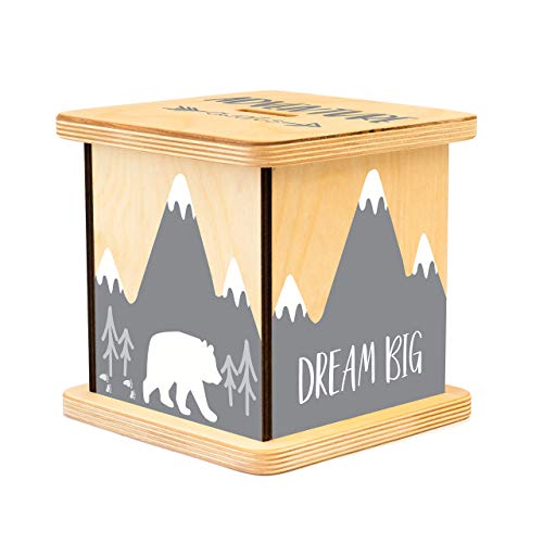 Wooden Piggy Bank for Kids and Adults, Personalized Gift Handmade in USA by BloomOwl, Custom Piggy Bank, Personalized Banks for Kids, Gifts for Baby Boys and Girls (Bear and Mountain)