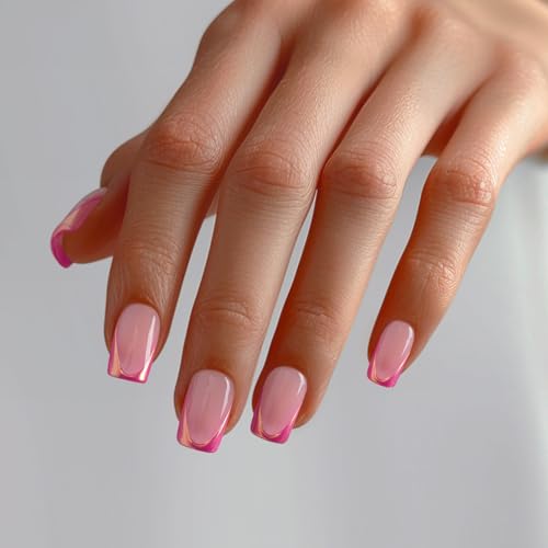 BTArtbox French Tip Press On Nails - Trendy Short Square Fake Nails with Metallic Chrome Pink Color, Reusable Glue On Nails in 16 Sizes for Christmas Gift, Metallic Petal