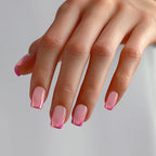 BTArtbox French Tip Press On Nails - Trendy Short Square Fake Nails with Metallic Chrome Pink Color, Reusable Glue On Nails in 16 Sizes for Christmas Gift, Metallic Petal