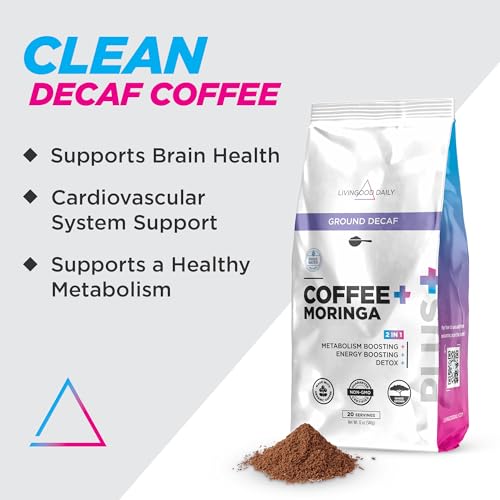 Livingood Daily Decaf Coffee with Moringa, Caffeine-Free Ground Coffee - Low Acid, Shade Grown & Made with Organic Coffee - Metabolism, Detox & Energy Boosting - 12 Oz