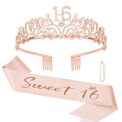 Semato Sweet 16 Party Decorations Set - Rose Gold 16th Birthday Crown and Sweet 16 Sash Glitter Kit for Girls Birthday Happy Birthday Girl Tiara Birthday Party Supplies and Favors