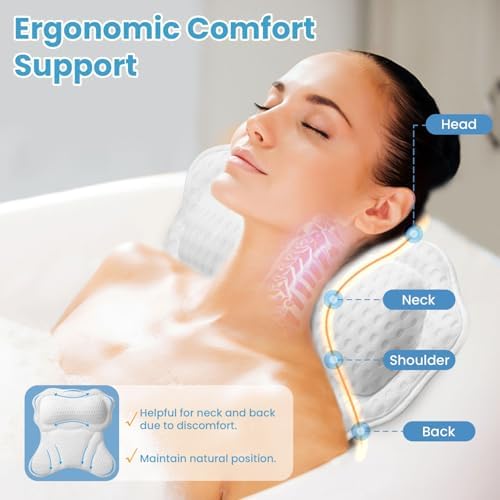 Bath Pillows for Tub, Bath Pillow Luxury Bathtub Pillow for Head and Neck Support, Soft 4D Air Mesh Bath Tub Pillow with Non Slip Suction Cups, Laundry Bag, Spa Gifts Bathtub Accessories for Women Men