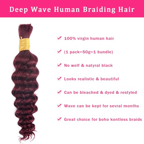 Human Braiding Hair for Boho Braids Burgundy Deep Wave Bulk Human Hair for Braiding 22 Inch 1 Bundle 50G #99J Wet and Wavy Curly Human Hair Red Braiding Hair Extensions No Weft Bundles for Braiding