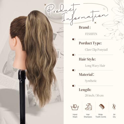 FESHFEN Ponytail Extensions, Long Claw Clip in Ponytail Hairpiece Synthetic Pony Tails Hair Piece Natural Wavy Hairpieces for Women, 20 inch Brown Mixed Honey Blonde