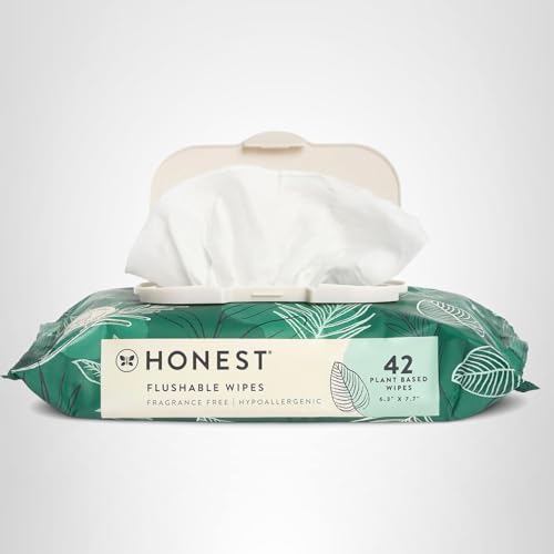 The Honest Company Flushable Wipes for Sensitive Skin, Hypoallergenic, Fragrance-Free, Tropical Leaves Design, 336 Count (4 Packs of 84)