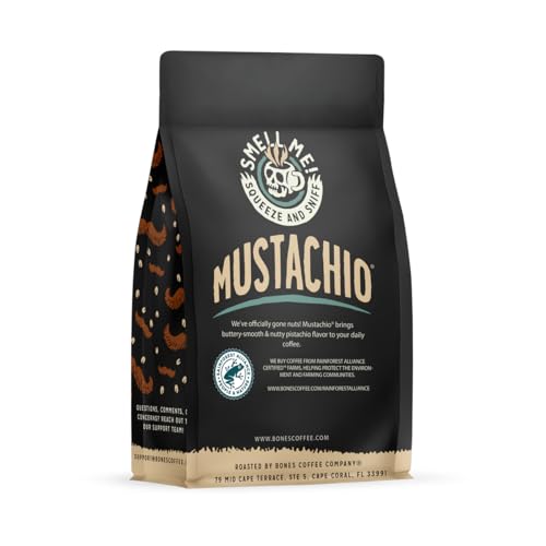 Bones Coffee Company Mustachio Flavored Ground Coffee Beans Pistachio Flavor | 12 oz Flavored Coffee Gifts | Low Acid Medium Roast Gourmet Coffee Beverages (Ground)