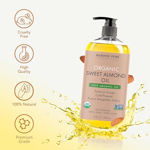 Majestic Pure USDA Organic Sweet Almond Oil | 100% Pure & Natural Cold Pressed Oil Sweet Almond Oil for Skin, Face, Nails, Hair, Scalp & Massage | 8fl oz