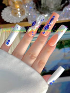 HAND-PAINTED White False Nails Set Coffin Press on Nails Pressons Kit Medium Length Stick on Nails Shoot Nail Art Short Nails with Nail Glue on Nails Square, Long Almond Nail (K2, Small)