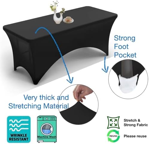 Urby Elastic Table Clothes for 6 Foot Rectangle Tables Fits 6ft Folding Tables from Lifetime, COSCO, Mainstays and Others. Heavy-Duty Stretchy Wrinkle Resistant Spandex. Black 2 Pack.