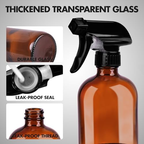 16oz Empty Glass Spray Bottle with Silicone Sleeve Protection - Refillable Containers for Cleaning Solutions, Essential Oils, Misting Plants - Including 3 Sprayers (Amber, 2 PACK)