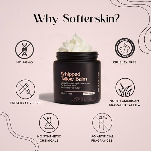 Beef Tallow for Skin (Unscented 4 oz) - Whipped Tallow Balm for Face and Body - Natural Moisturizer for Sensitive Dry Skin - Handmade Body Butter Lotion - 100% Grass-Fed - Gentle Skincare