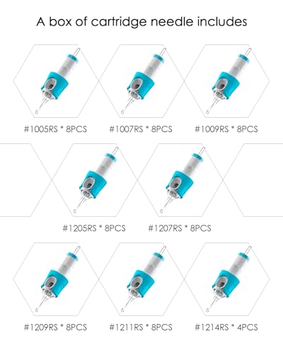 60 Assorted Tattoo Needles Cartridge Mixed Size #10 Bugpin Round Shader 5RS 7RS 9RS and Size #12 Standard Round Shader 5RS 7RS 9RS 11RS 14RS Disposable Membrane EN05S-BFG-60KIT-S