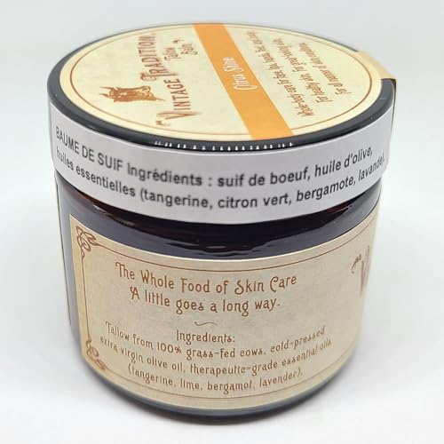 Vintage Tradition Beef Tallow All Purpose Balm – Healing, Hydrating Citrus Oil Skin Care Salve Replaces Body Lotion, Hand Cream, More – Essential Oil, Olive Oil, and Grass-Fed Tallow, 2 fl. oz.