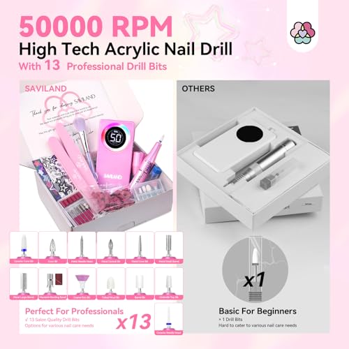 SAVILAND Powerful Electric Nail Drill Professional: 50000RPM Nail Filer Electric Nail File Rechargeable Nail Drill Kit Portable Nail Efile 2 Ceramic Bit 2 Sticker for Fast Remove Acrylic Nail