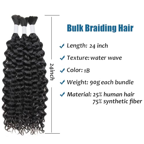 Water Wave Bulk Braiding Hair - 25% Human Hair Mixed Hair For Human Braiding Hair No Weft Curly Bundles 180g (1 Pack—2 Bundles) Boho Braids Wet and Wavy Synthetic Hair Extensions(24 Inch, 1B)