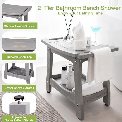 Y&M 2-Tier Bathroom Shower Bench with Waterproof Storage Shelf, HDPE Towel & Shower Head Shelves Curved Seat, Small Tub Chair for Shaving Legs Foot Stool, Bath, Spa, Indoor or Outdoor Use, Gray