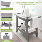 Y&M 2-Tier Bathroom Shower Bench with Waterproof Storage Shelf, HDPE Towel & Shower Head Shelves Curved Seat, Small Tub Chair for Shaving Legs Foot Stool, Bath, Spa, Indoor or Outdoor Use, Gray