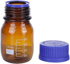 Moonetto 20 Pack Amber Borosilicate Glass 100 mL Graduated Round Lab Media Storage Bottle With GL45 Blue Screw Cap