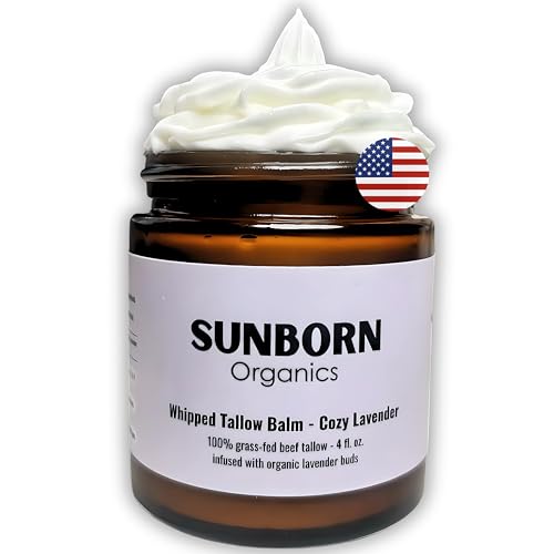 Pure Whipped Tallow Balm | Handmade in USA | 100% Organic Grass-Fed Beef Tallow for Skin | Beef Tallow Face Moisturizer Lotion for Dry Skin, Eczema, Baby, Lip Balm (4oz, Cozy Lavender)