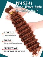 Ginger Bohemian Braiding Hair Deep Wave Bulk Hair for Braiding No Weft Hair Curls for Boho Braids Wet and Wavy Curly Bundles for Braiding Hair Extensions 2 Bundle 200g 18 Inch Water Wave, 350