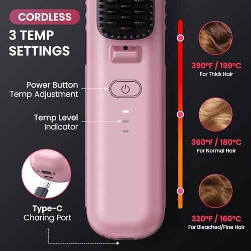 Cordless Hair Straightener Brush, Portable Mini Straightening Brush for Travel, Negative Ion Hot Comb Hair Straightener for Women, Cherry Blossoms Pink