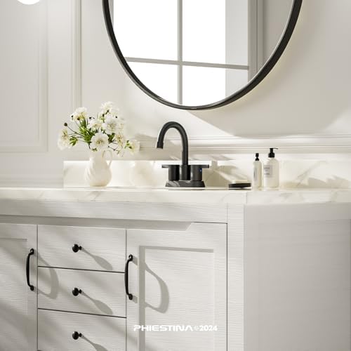 Phiestina 4 Inch 2 Handle Centerset Matte Black Lead-Free Modern Bathroom Faucet, 360 Swivel Spout 2-3 Hole RV Bathroom Vanity Sink Faucet with Pop Up Drain and Water Supply Lines，BF015-1-MB