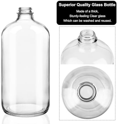 4 Pack 32 oz Clear Boston Round Glass Bottles with Black Caps for Secondary Kombucha Fermentation and Lab Chemicals (1 Funnel and 10 Pieces Black Chalkboard Labels Included)