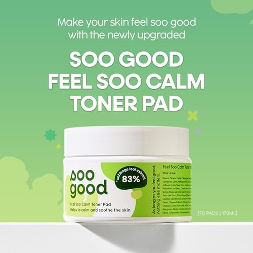 SOO Good Feel Soo Calm Pure Cotton Toner Pads 70 w/83% Cabbage Centella Asiatica Azulene - Sensitive Skin Soothe Pore & Sebum Control Korean Skincare