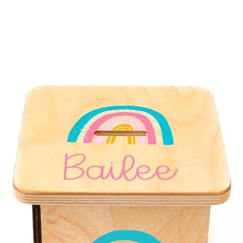 Wooden Piggy Bank for Kids and Adults, Personalized Gift Handmade in USA by BloomOwl, Custom Piggy Bank, Personalized Banks for Kids, Gifts for Baby Boys and Girls (Rainbow)