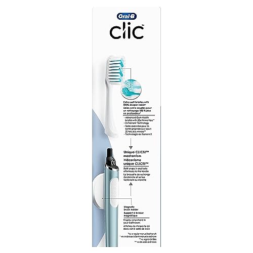 Oral-B Clic Manual Toothbrush (Aqua) with 2 Replaceable Brush Heads and Magnetic Brush Mount