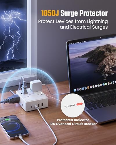 10Ft Extension Cord with Multiple Outlets, Flat Plug Surge Protector Power Strip 10 Ft Long Cord, 8 Outlets & 4 USB Ports (2 USB C), Desk Charging Station for Home Office, College Dorm Room Essentials