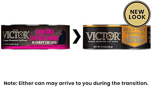 Victor Super Premium Cat Food – Grain Free Shredded Chicken Dinner Cuts in Gravy – Grain Free Canned Wet Food for Indoor and Outdoor Cats - All Breed Sizes, 24 x 5.5 oz Cans
