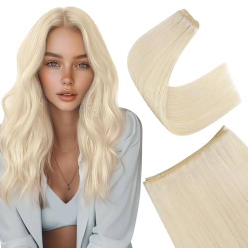 Easyouth Sew In Human Hair Extensions Blonde Hair Extensions Sew In Weft Hair Extensions Color Platinum Blonde Hair Extensions Sew in Weft Extensions Bundles 12 Inch 70G