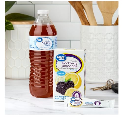 Great Value Sugar free Low calorie Blackberry Lemonade Drink Mix Bundle 10 packets Per Box (4 Boxes), 40 Total Packets. Includes (2) Stand-Up Sieral Plastic Drink Pouches. Store Juice, Favorite Snacks. Custom Healthy Smoothie Recipe Card