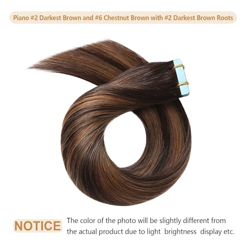 YILITE Tape in Hair Extensions Human Hair #2-6-2 Straight Hair Balayage Darkest Brown Roots Fading to Darkest Brown 24 Inch(Pack of 20) #2-6-2 Balayage Dark Brown to Chestnut Brown