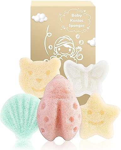 MoHern Konjac Baby Sponge for Bathing, 5Pcs Natural Cute Shapes, Kids Bath sponges for Infants, Toddler Bath time, Plant-Based, Extra Soft