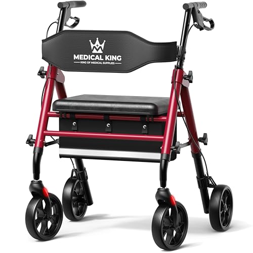 Walkers for Seniors with Seat Foldable Rollator Walker with 8" Wheels, Adjustable Handle Height, Comfortable Seat, 350 lb Capacity, Lightweight Rolling Walker with Storage Pouch - Red