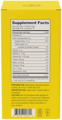 Beekeeper's Naturals - 100% Raw Bee Pollen Stick Packs, Natural Preserved Enzymes, Source of Vitamin B, Minerals, Amino Acids & Protein - Paleo & Keto Friendly, Gluten Free (15ct)