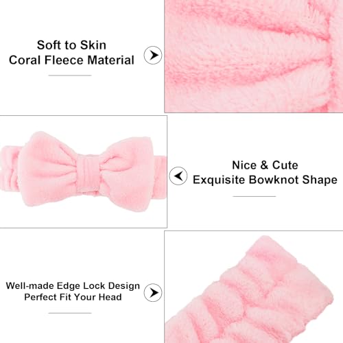 Casoty 12 Pcs Pink Spa Headbands, Makeup Headbands for Women, Soft Coral Fleece Headbands for Makeup, Bow Hair Band for Face Washing Shower Skin Care Yoga