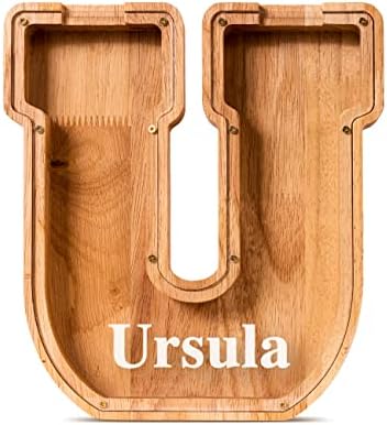 Summidate Customized Name Large Wooden Piggy Bank for Kids Boys Girls Alphabets Letter A-Z Coins Bills Money Change Bank Box Initial on Clear Cover (Laser Engraved) (Alphabet-U, Personalized-9")