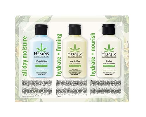 Hempz Healthy Hydration Triple Moisture, Age Defying, & Original (2.25 Oz, 3-Pack) Body Moisturizing Lotion Gift Set – Mini Scented Travel Cream Skin Care for Women & Men, Made with Shea Butter