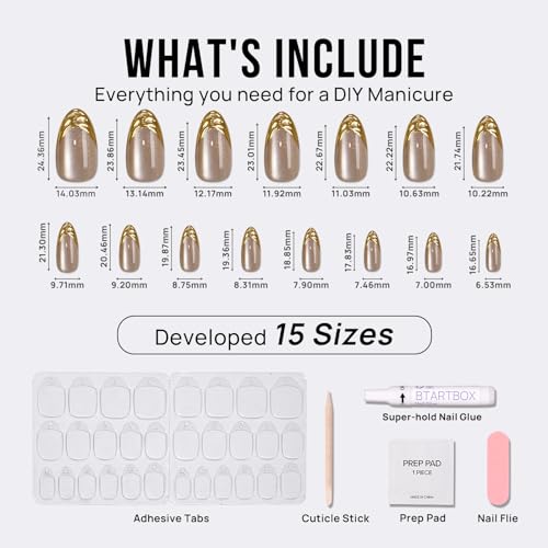 BTArtbox Press On Nails Almond - French Tip Press On Nails with 3D Sculpting Metallic Design, Medium Glue On Nails in 15 Sizes, Steelheart