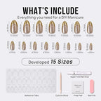 BTArtbox Press On Nails Almond - French Tip Press On Nails with 3D Sculpting Metallic Design, Medium Glue On Nails in 15 Sizes, Steelheart