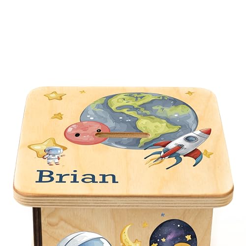 Wooden Piggy Bank for Kids and Adults, Personalized Gift Handmade in USA by BloomOwl, Custom Piggy Bank, Personalized Banks for Kids, Gifts for Baby Boys and Girls (Astronaut)