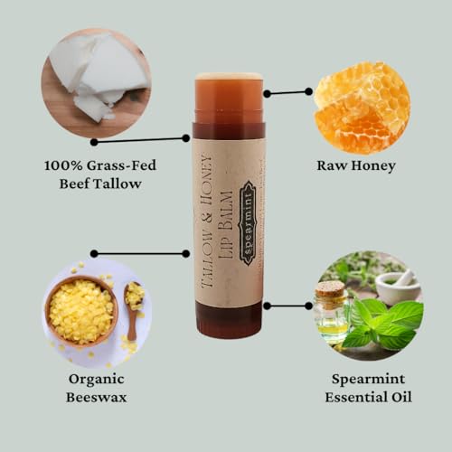 Lip Balm with Beef Tallow, Natural Essential Oils, Unscented, Organic (Spearmint)