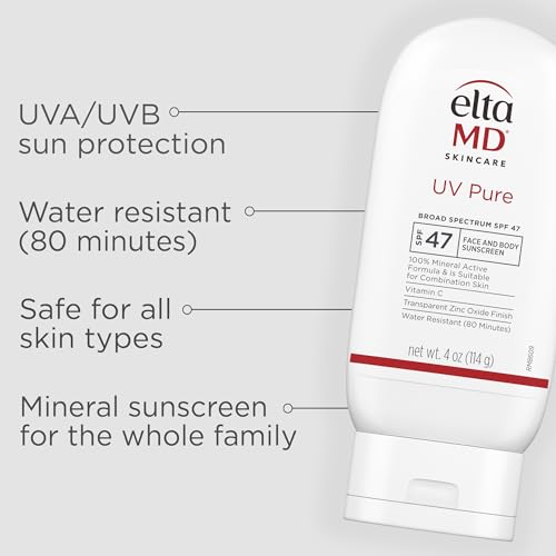 EltaMD UV Pure Face and Body Sunscreen, SPF 47 Mineral Sunscreen for Kids and Adults, Water Resistant Up to 80 Minutes, Oil Free Zinc Oxide Formula, 4.0 oz