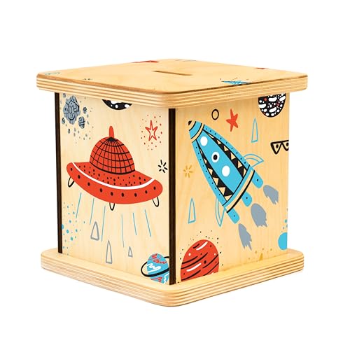 Wooden Piggy Bank for Kids and Adults, Personalized Gift Handmade in USA by BloomOwl, Custom Piggy Bank, Personalized Banks for Kids, Gifts for Baby Boys and Girls (Space)