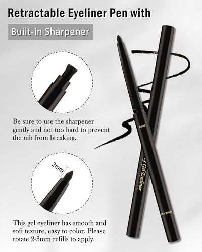 Black Gel Eyeliner for Older Women, Waterproof Smudge-Proof Retractable Eyeliner Pencil, Long Lasting 24H, Matte Cream Eyeliner Waterline with Sharpener, Eye Liner for Mature Women Sensitive Eyes-2Pcs