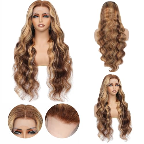 Aaliweya Highlight Lace Front Wigs Human Hair 4/27 Ombre 13x4 Body Wave Lace Frontal Wig for Women 180% Density Glueless Honey Blonde Wig Full and Thick Super Soft 26 inch