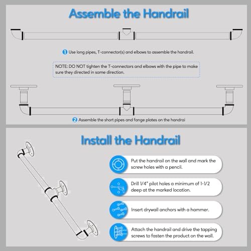 Pipe Stair Handrail, 4 Ft Metal Staircase Handrail, Black Galvanized Industrial Iron Hand Rail for Indoor & Outdoor Wall Mount Support, Wall Hand Railing,Safety Handle, Steps Baluster(HR02)